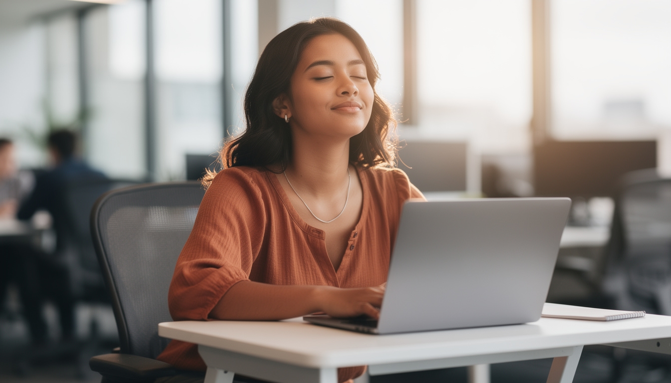 Professional pausing for a mindful breathing moment at their desk