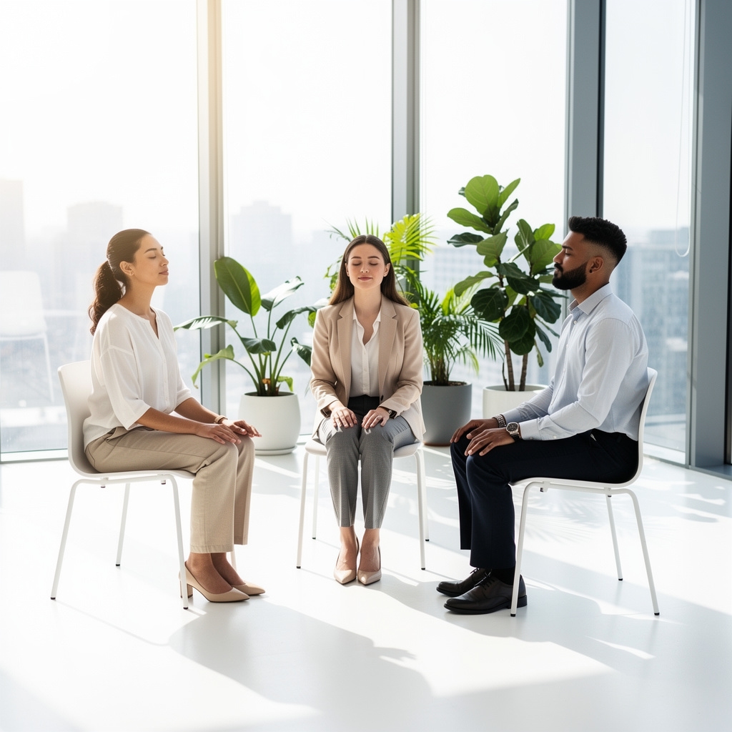 Small group mindfulness education session in a modern office setting
