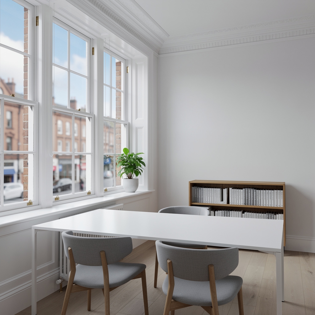 Clean, calm Molohelp office space in Manchester with natural light and minimal decor