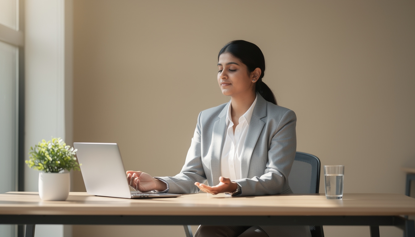 Professional practising mindfulness at a calm, organised workspace