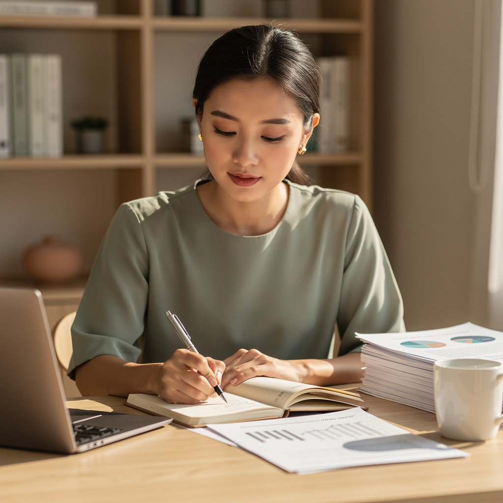 Professional reading research materials on mindfulness at a clean modern desk